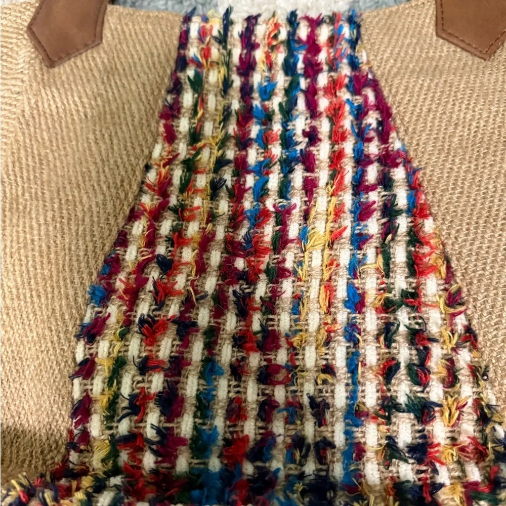 Woven Multicolor Jute Tote Bag Brown Leather Handles Summer Boho Hippie Purse